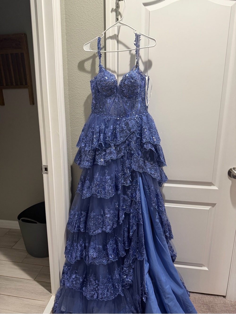 Sherri Hill Lavender Blue Tiered Lace Evening Gown - Women Dresses